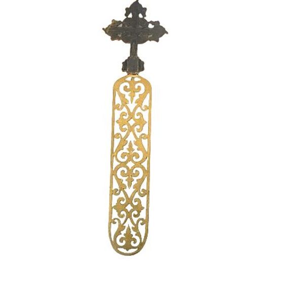 Vintage Bookmark Gold Toned Cross Faux Pearl Faux Diamonds Metal Filigree Base - Picture 10 of 15